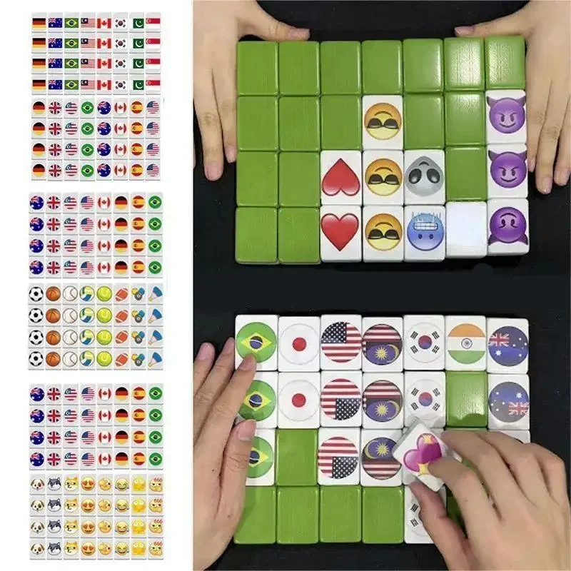 64pcs Blocks Seaside Escape Mahjong Tile Game With Pattern Of Flag Ball 1/2 Players National Flag Fruit Animal Mahjong Pinball