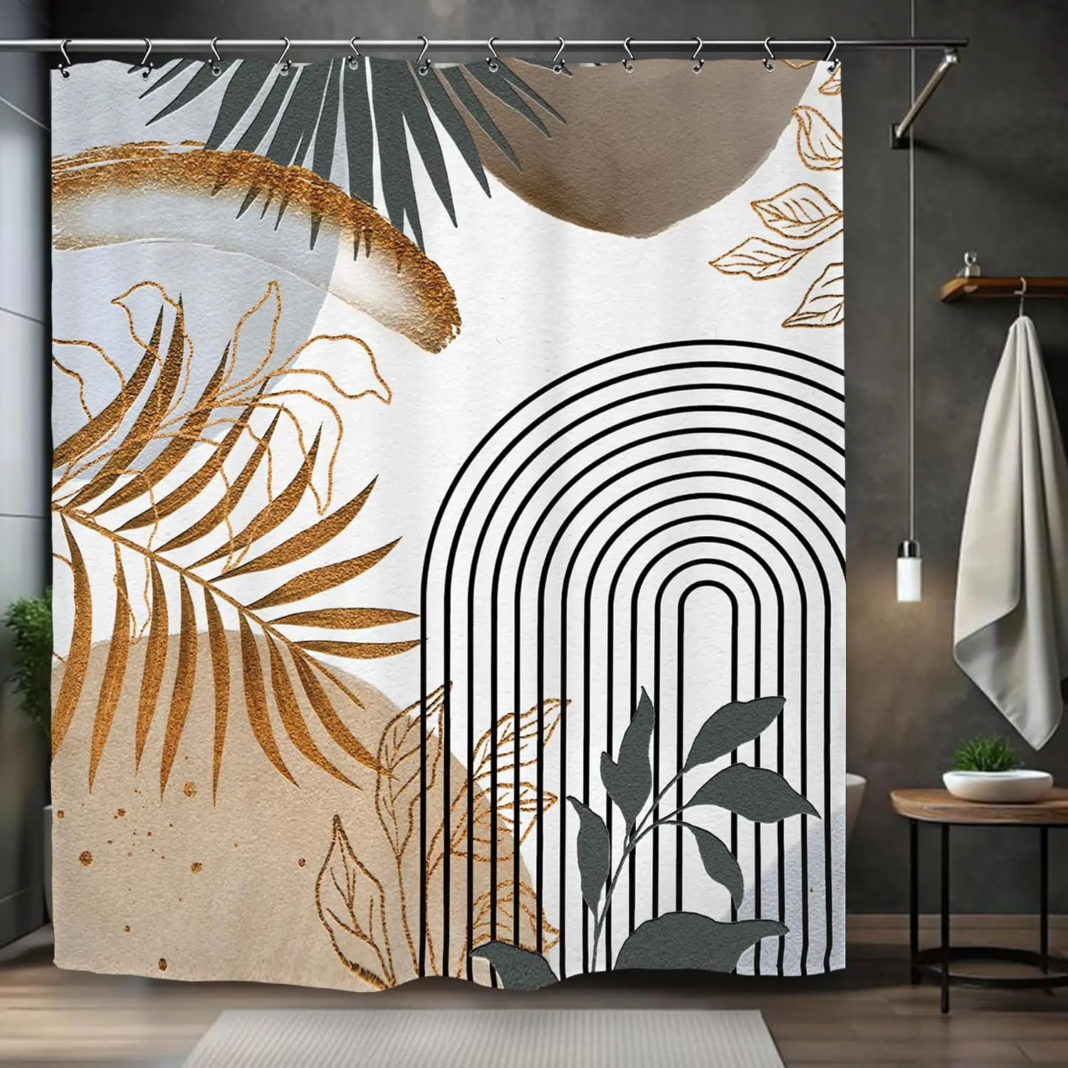 

Abstract Modern Minimalist Shower Curtain 60Wx72L Inch Mid Century Neutral Aesthetic Plant Leaves Geometric Bathroom Set Accesso
