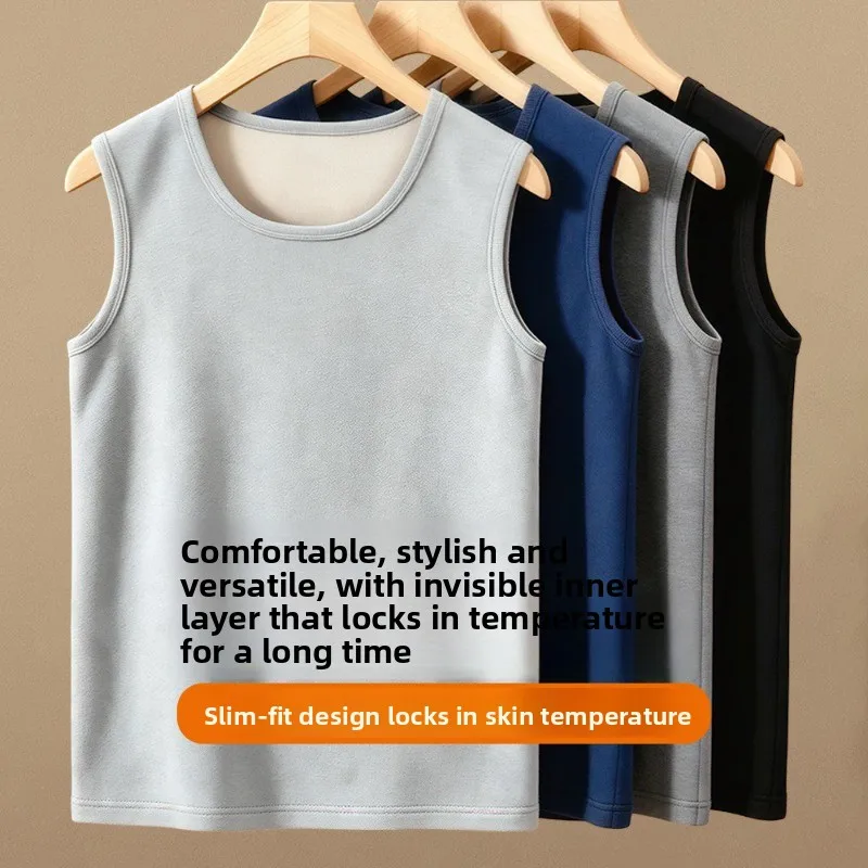 Men's Thermal Vest Lamb's Wool Lining Comfortable Cold Protection Sleeveless Undershirt Round Neck Self-heating Base Tank Tops