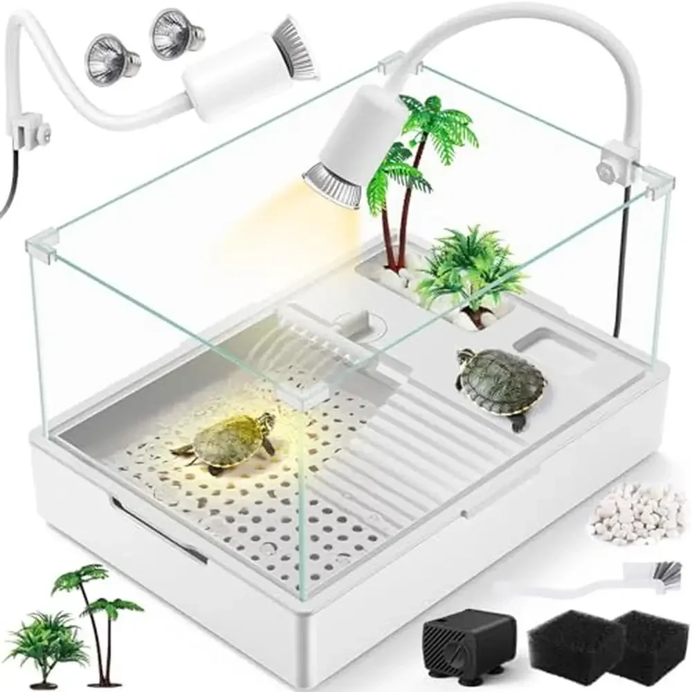 Acrylic Turtle Tank Starter Kit with Rain Shower Head UVA/UVB Light Water Pump Easy to Clean Healthy Habitat Small Reptiles by