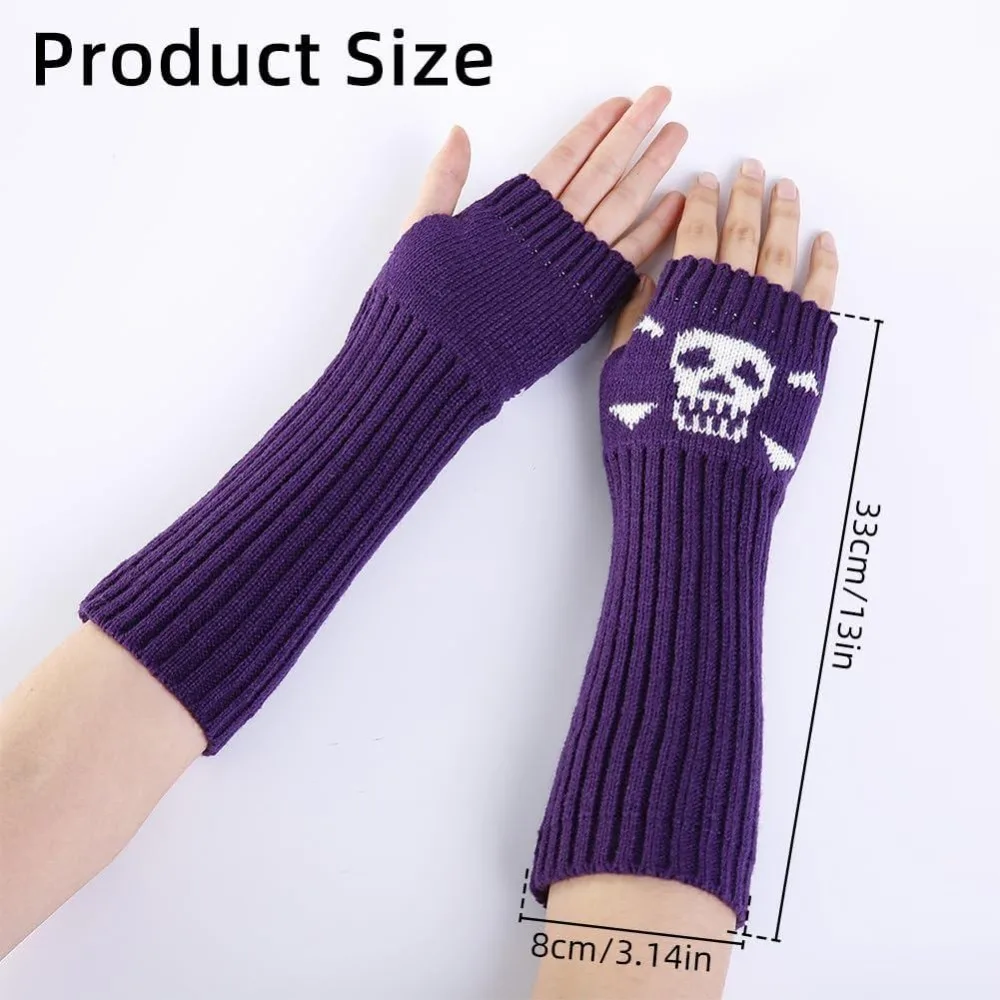 2 Pairs Arm Warmers Goth Fingerless Gloves Winter Purple Gothic Print Soft Hand Wrist Warmer Thumb Hole Knit Gloves Mittens