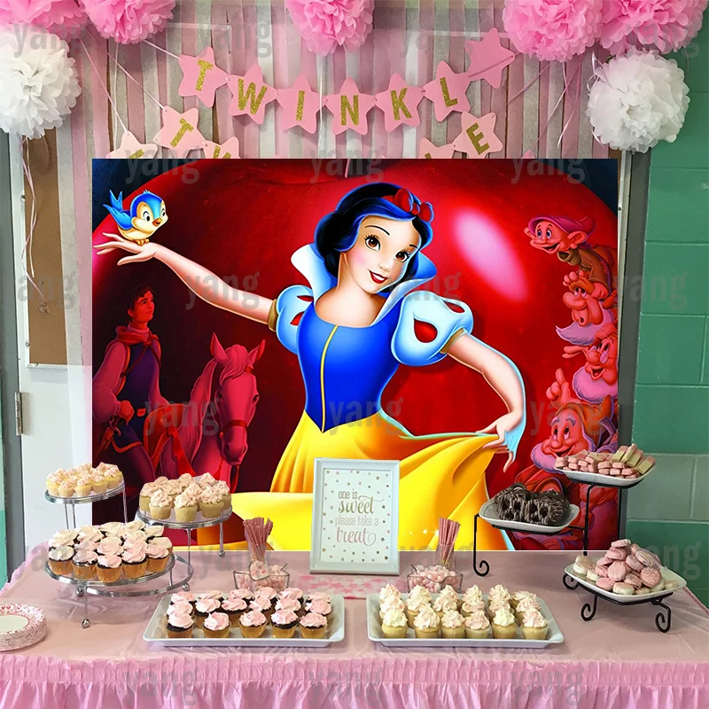 Cartoon Disney Custom Lovely Snow White Princess Seven Dwarfs Red Apple Glitter Backdrop Birthday Party Photography Background