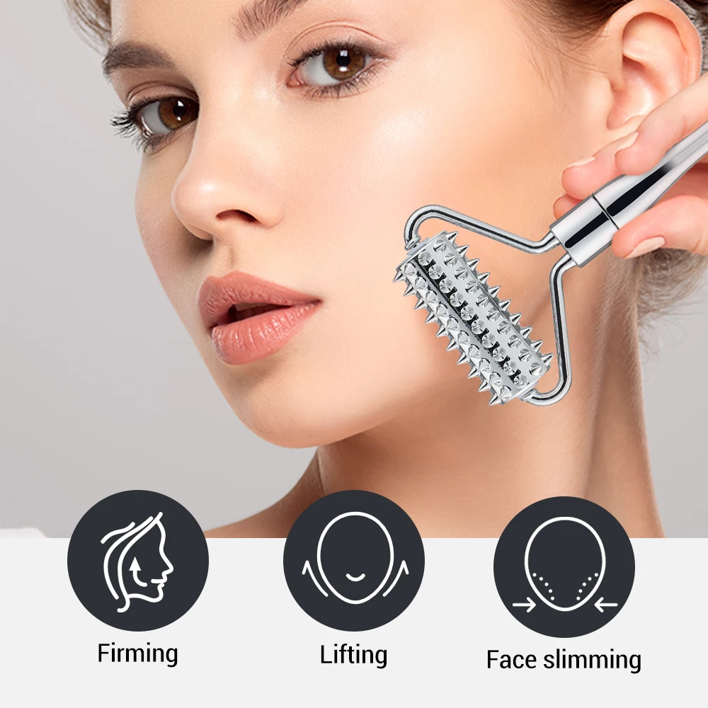 Alloy Micro Needle Roller Massage Stick Face Cream Spoon Skin Firming Lifting Gua Sha Neck Facial Slimming Massager Roller