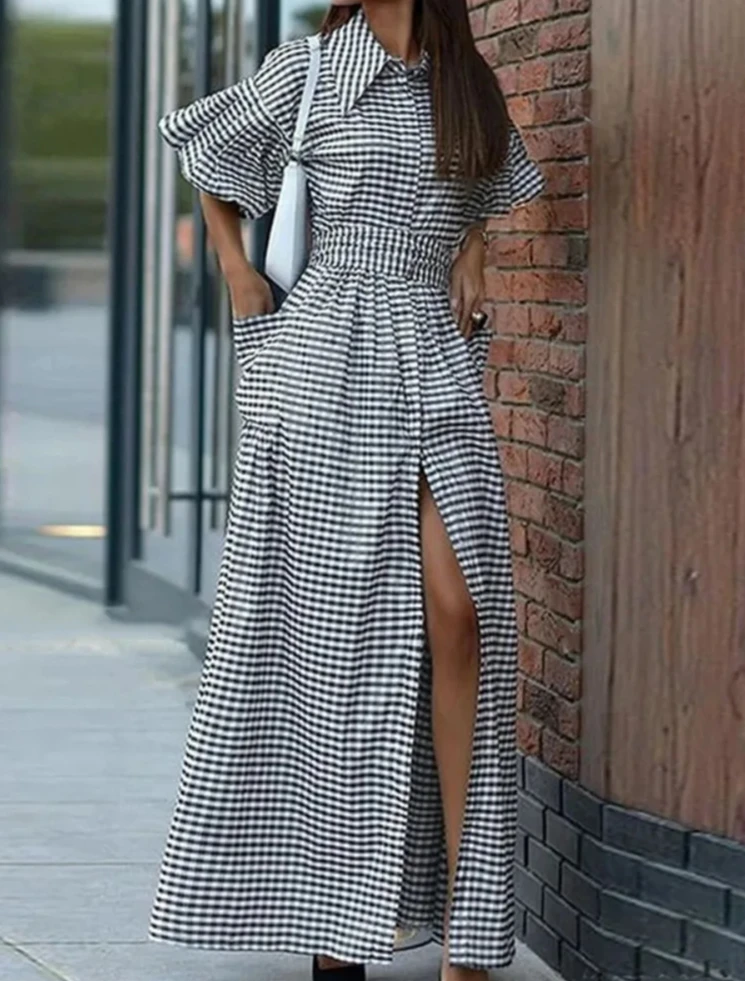 موضة جديدة منقوشة التلبيب قميص فستان المرأة كشكش الأكمام جيوب بأزرار الجبهة الشق عالية الخصر فساتين ماكسي أنيقة