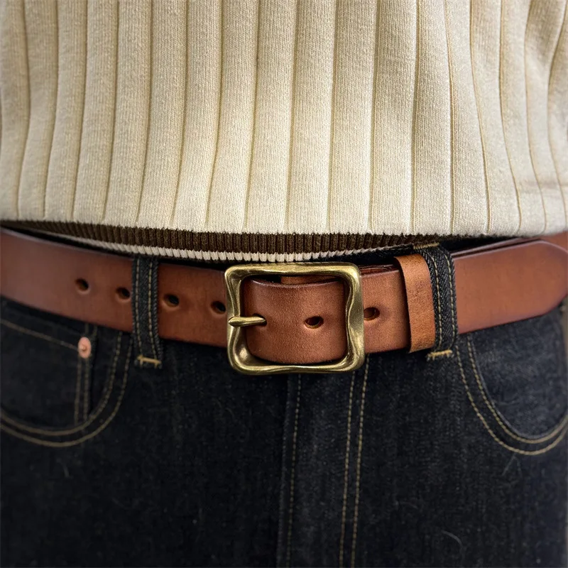 

New 3.8CM High Qulity Men Genuine Leather Retro Style Pure Brass Buckle Pants Belt Men's Pure Cowhide Versatile Strap Belt