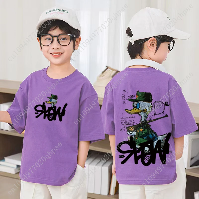 ملابس الأطفال الكورية 2025 الفتيان الأمريكية الكرتون بطة طباعة الجرافيك تي شيرت 100% القطن تي شيرتات قصيرة الاكمام ملابس فتاة #2