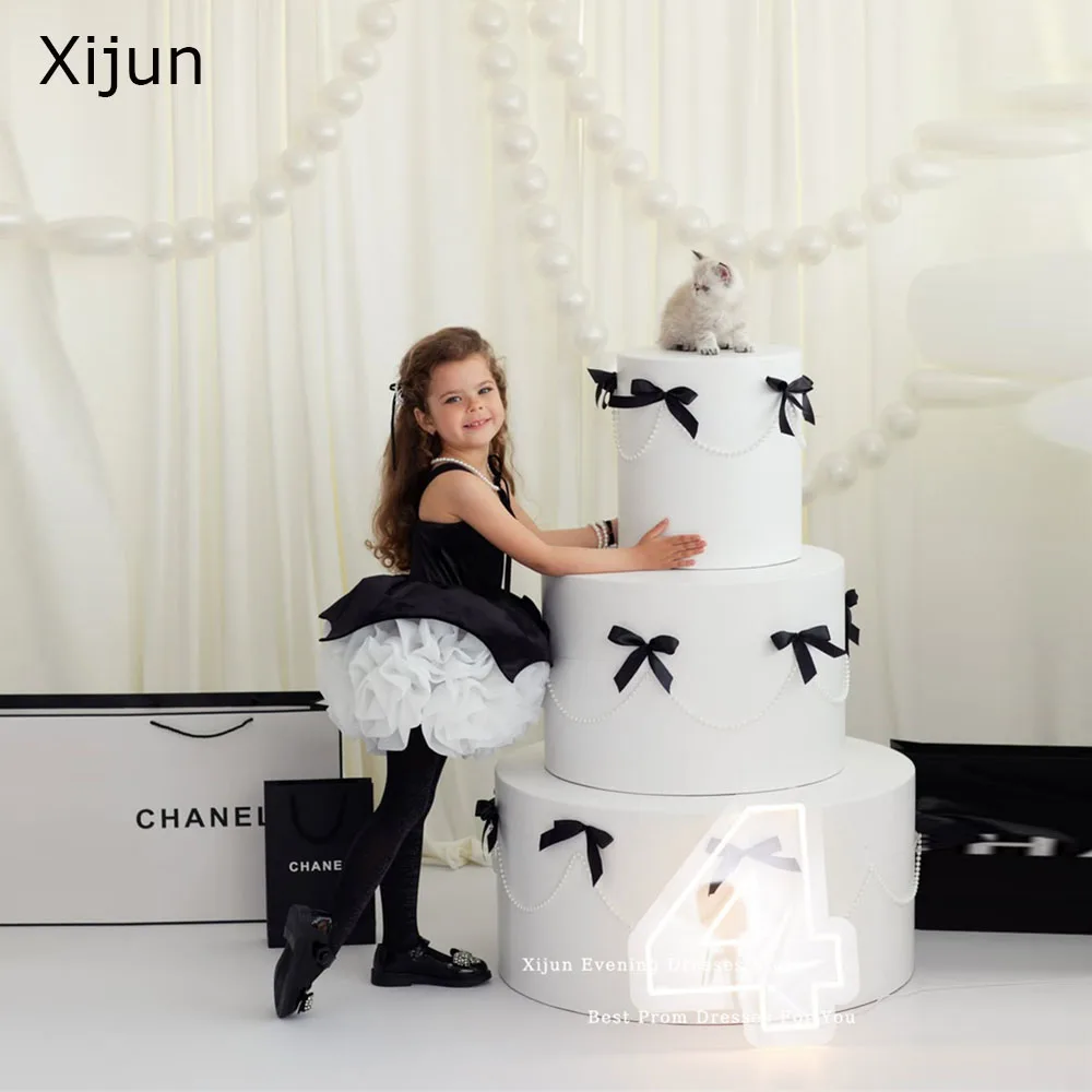 Xijun Luxury Black Velvet Flower Girl Dresses 3D Flowers Girl Dresses Sleeveless Short Birthday Party Gowns For Kids Customized