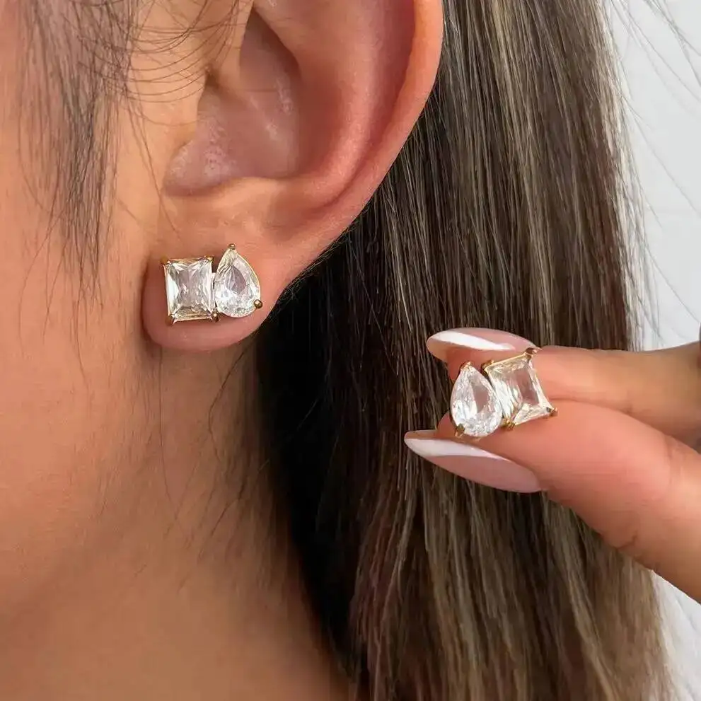 SHIXIN Classic 1 Pair White WaterDrop Square Zircon Earrings Women Exquisite 18K Gold Plated Stainless Steel Ear Wedding Jewelry
