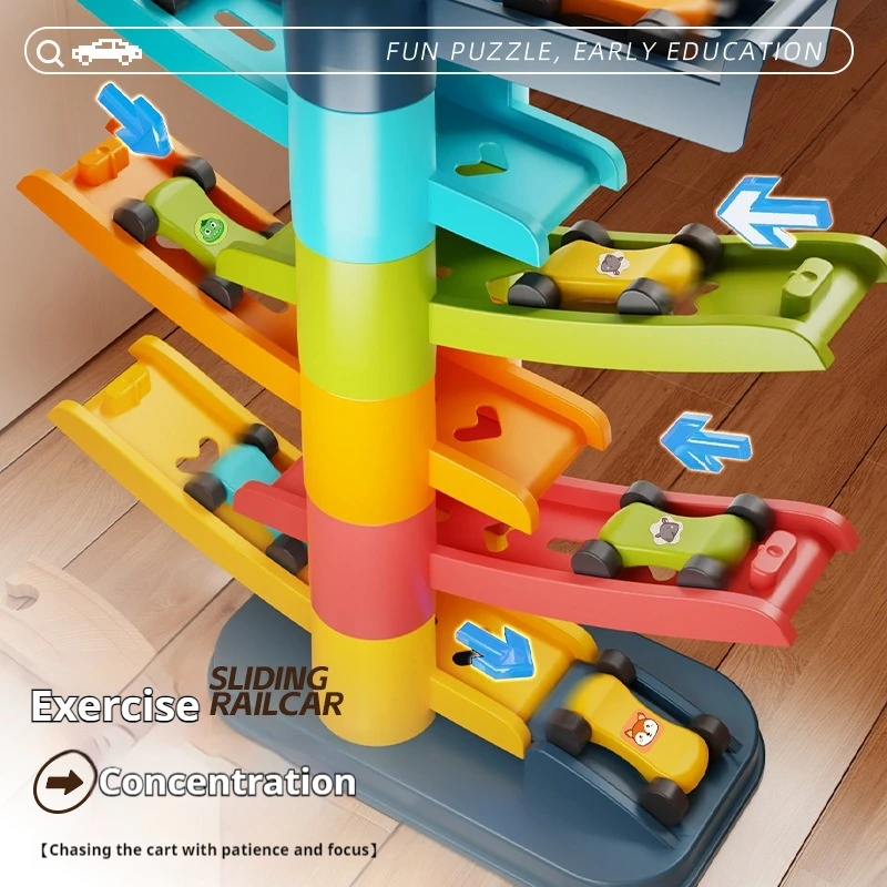 รถไฟของเล่นการ์ตูนข้ามพรมแดนแบบใหม่ รถรางเลื่อนหลายชั้น สไลด์หลากสีสัน มอบเป็นของขวัญวันเกิดสุดพิเศษสำหรับเด็กผู้ชาย