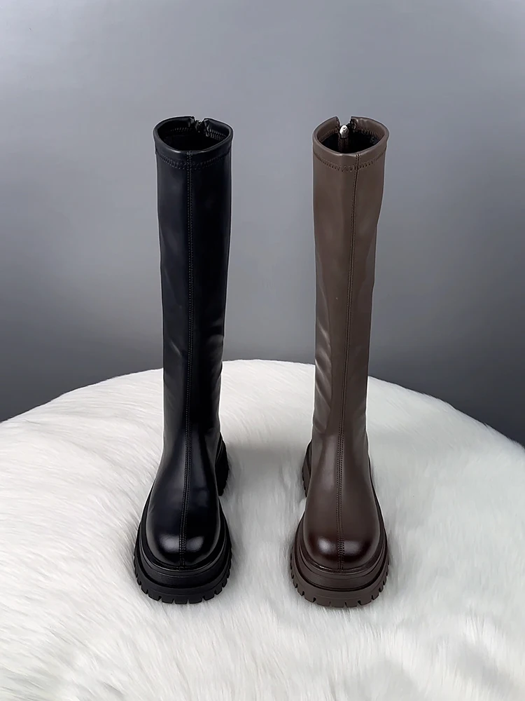 

Women's High-Top Thick-Heeled Long Boots Autumn Winter Slimming Short Knight Boots Waterproof Platform round Toe Zipper Closure