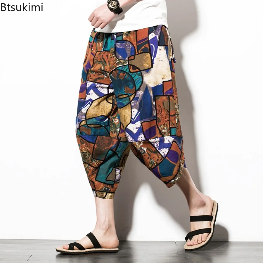 Summer Men's Pure Cotton Harem Pants Casual Hip Hop Streetwear Chinese Style Baggy Bloomers Calf-Length Pants for Men Clothing