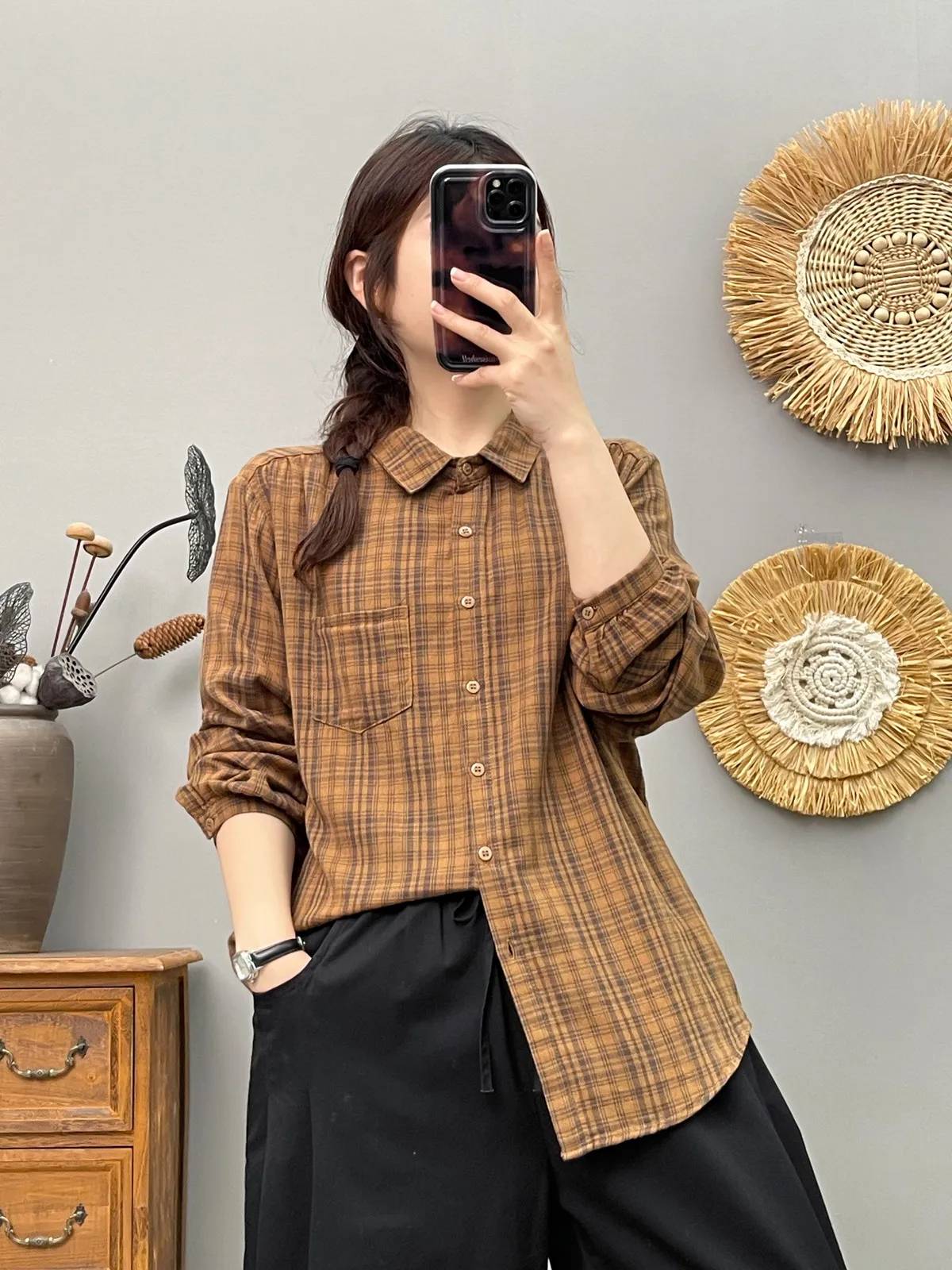 Cotton yarn dark green red plaid shirt for women Japan style  vintage long sleeve checkered shirts blouses women large size tops