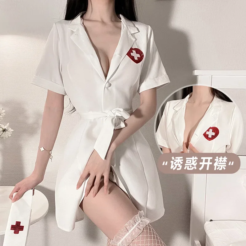 

Sexy Lingerie Erotic See Through Women Pure Nurse Uniform Tempatation Kawaii Japanese Cosplay Costumes Deep V Neck Sleepwear Set