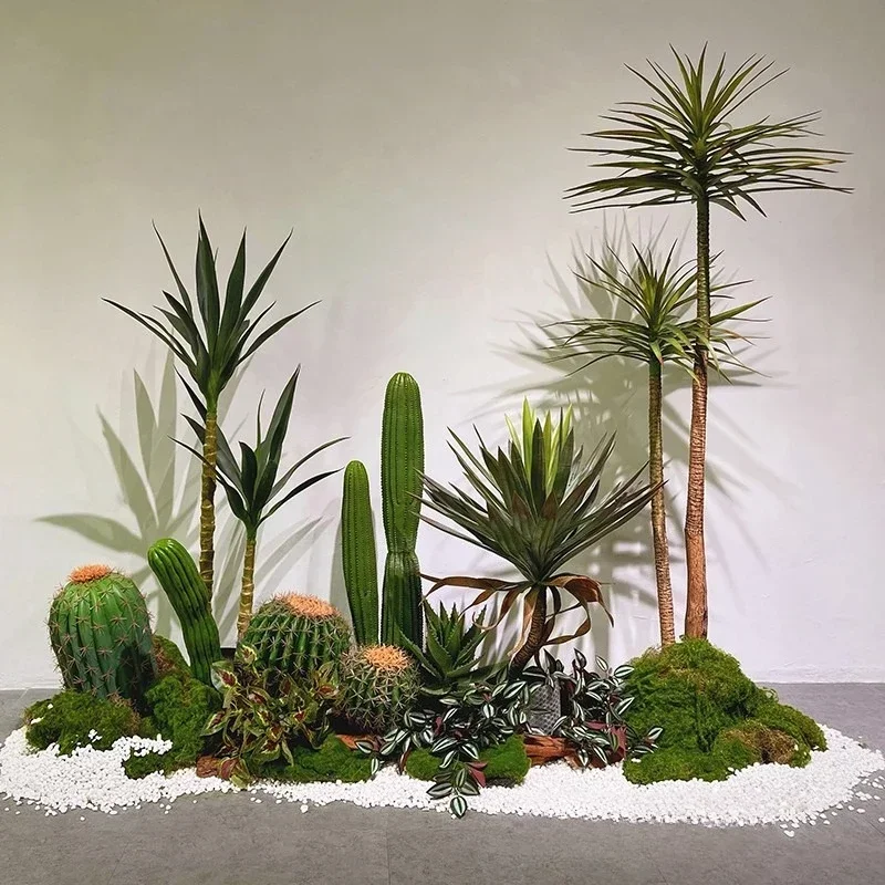 Green plant landscaping, dragon blood tree interior, large floor-to-ceiling fake plants, corner landscape under the stairs