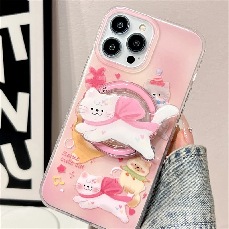 

Корейский милый мультяшный розовый бант с котенком, магнитный держатель для телефона, подставка для телефона GripTok Grip Tok, поддержка IPhone 16 15, аксессуары Magsafe