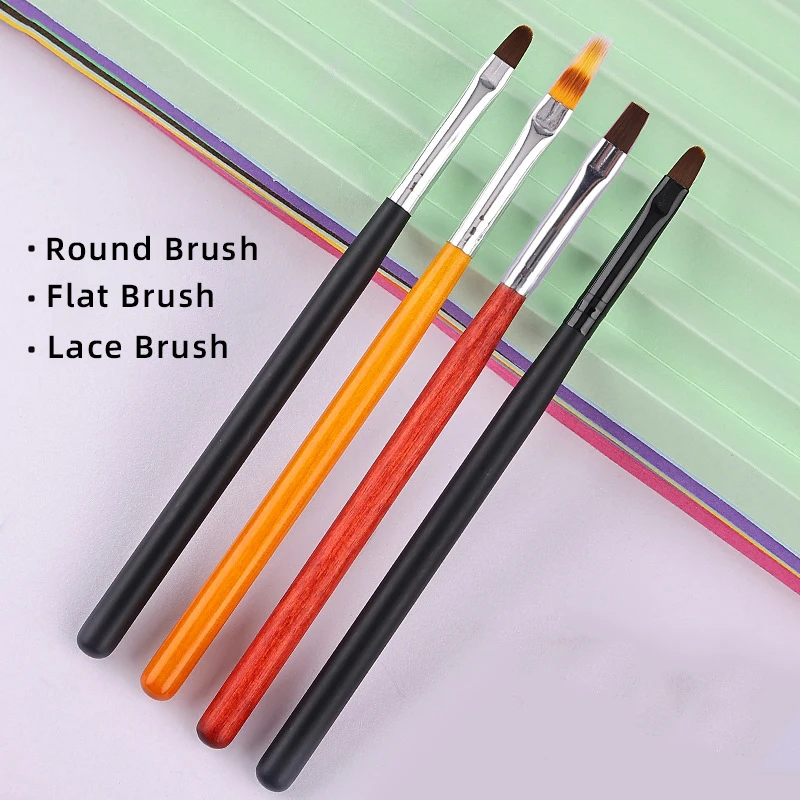 4-Type Simple Nail Art Brush Flat Lace Brushes with Wooden Rod for UV Gel Polish Crystal Nail Drawing Manicure Salon Tools
