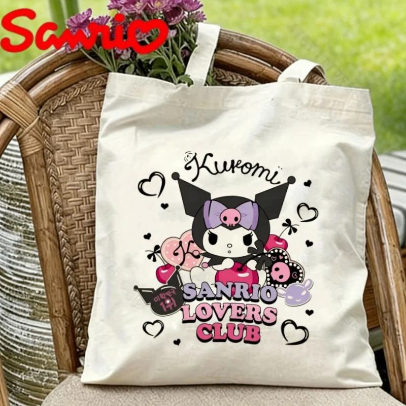 1pc Sanrio Kuromi Canvas Tote Bag Double-sided "Sanrio Lovers Club" Print Eco-friendly Reusable Shoulder Bag