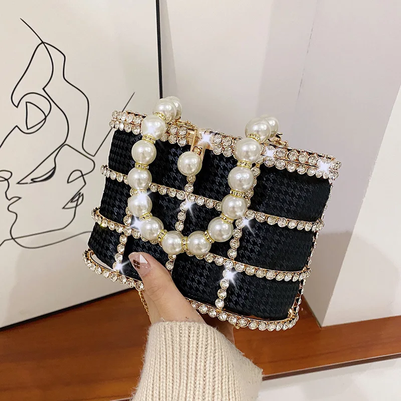 Diamonds Basket Evening Clutch Bags Women 2023 Luxury Hollow Out Pearl Beaded Metallic Cage Handbags Ladies Wedding Party Purse