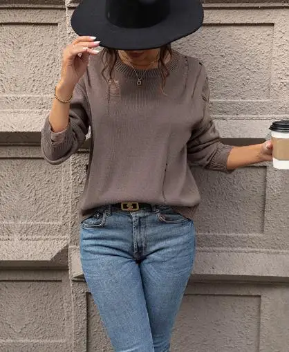 เสื้อสเวตเตอร์ผู้หญิงลำลอง สไตล์วินเทจฤดูใบไม้ร่วง สีพื้น คอกลม ดีไซน์เจาะรู เสื้อถักแขนยาว