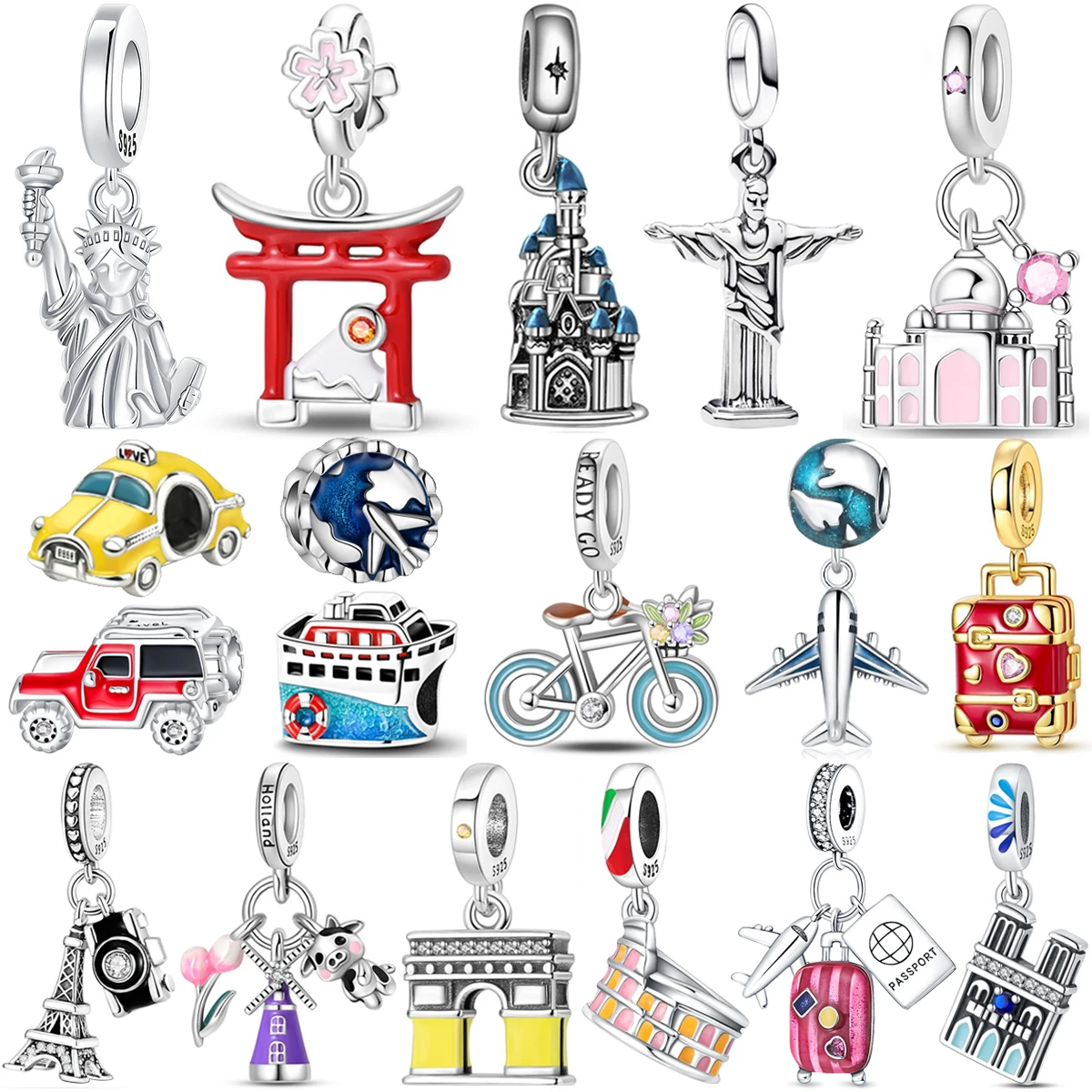 

Travel Charms Small Landmark Building Airplane Pendent Sterling Cartoon Silver Metal Gift Souvenir Beads DIY Keychain Bracelet
