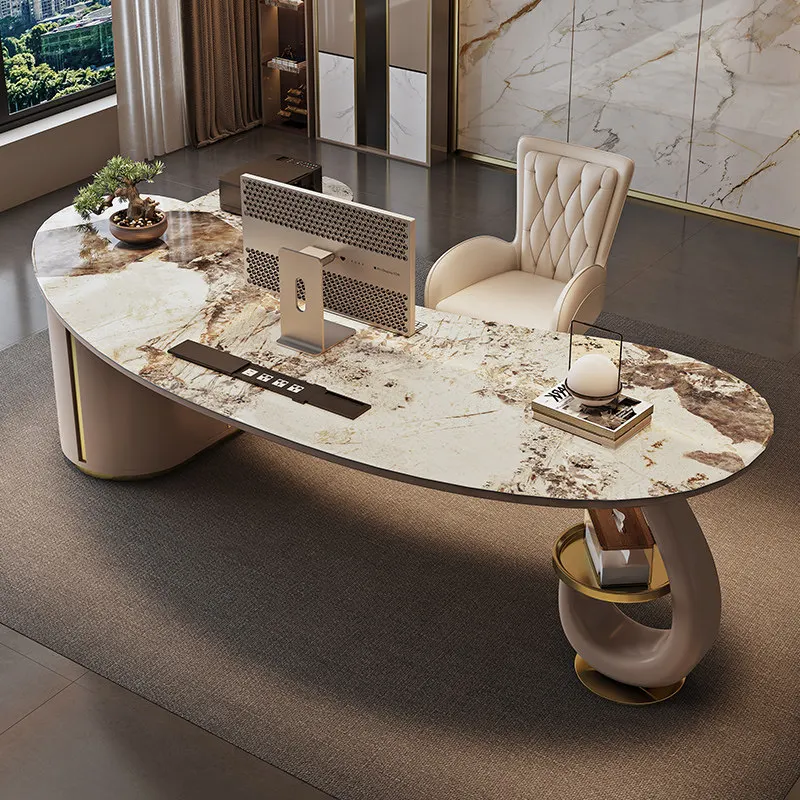 Luxury Large Curved Sintered Stone Executive Desk Designer Irregular Boss Office Writing Table for Luxury Study & CEO Office