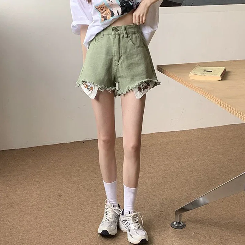 2025年夏 レディースファッション 刺繍入り リップドデニムショーツ 女性用 グリーン ショートジーンズ ガールズ シック ハイウエスト ジーンズ パンツ サイズ S-XL