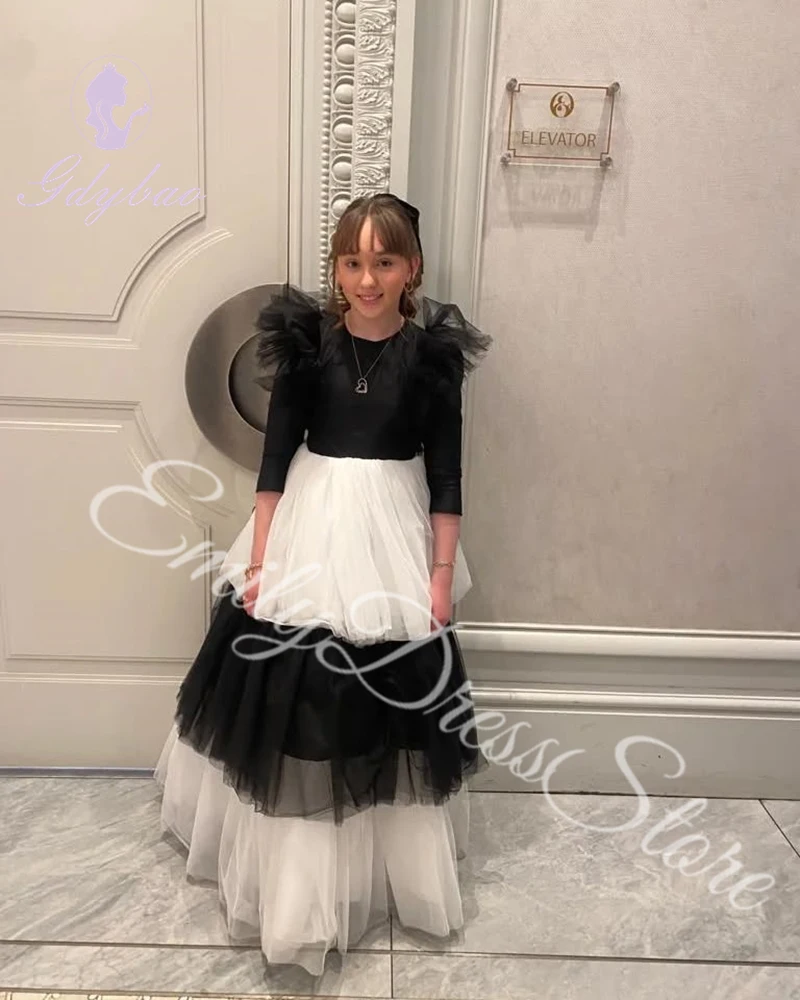 Customized Bridesmaids Flower Girl Dress For Wedding Black O Neck 3/4 Sleeves Pleated Elegant Birthday First Communion Gown