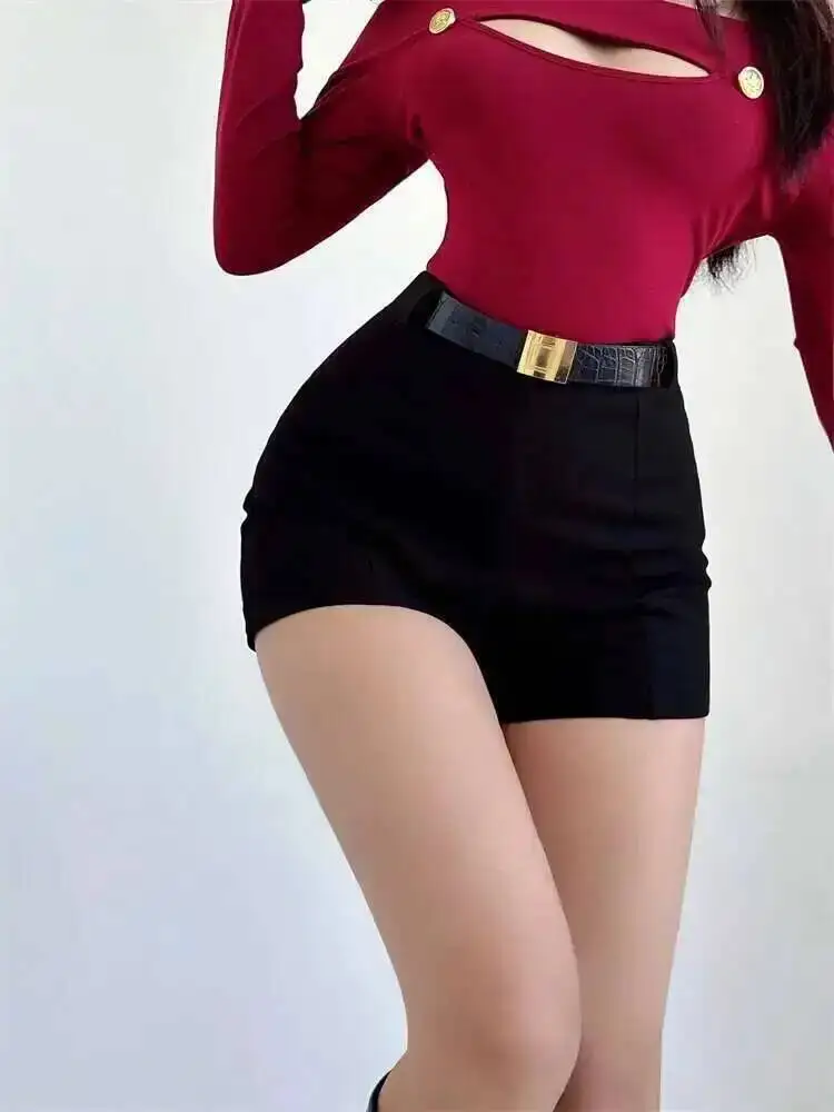 

Корейские женские базовые повседневные шорты для женщин, тонкие черные шорты с высокой талией на осень/зиму, тонкие модные женские милые GPL2