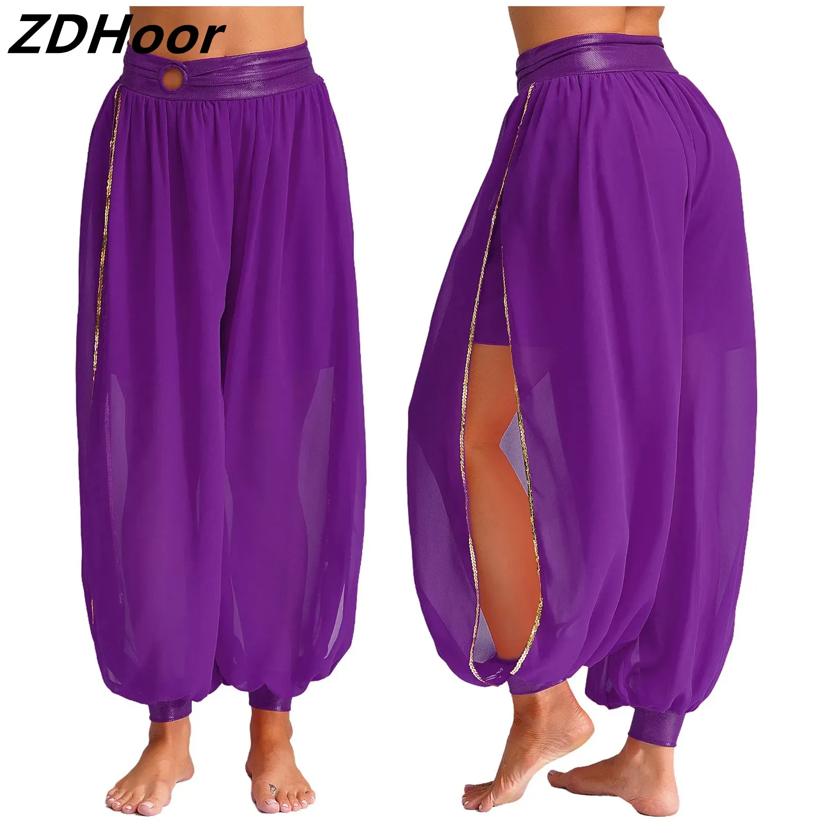 

Womens Chiffon Belly Dance Pants Halloween Theme Party Carnival Costume O-ring Ruched Waistband Side Split Pants