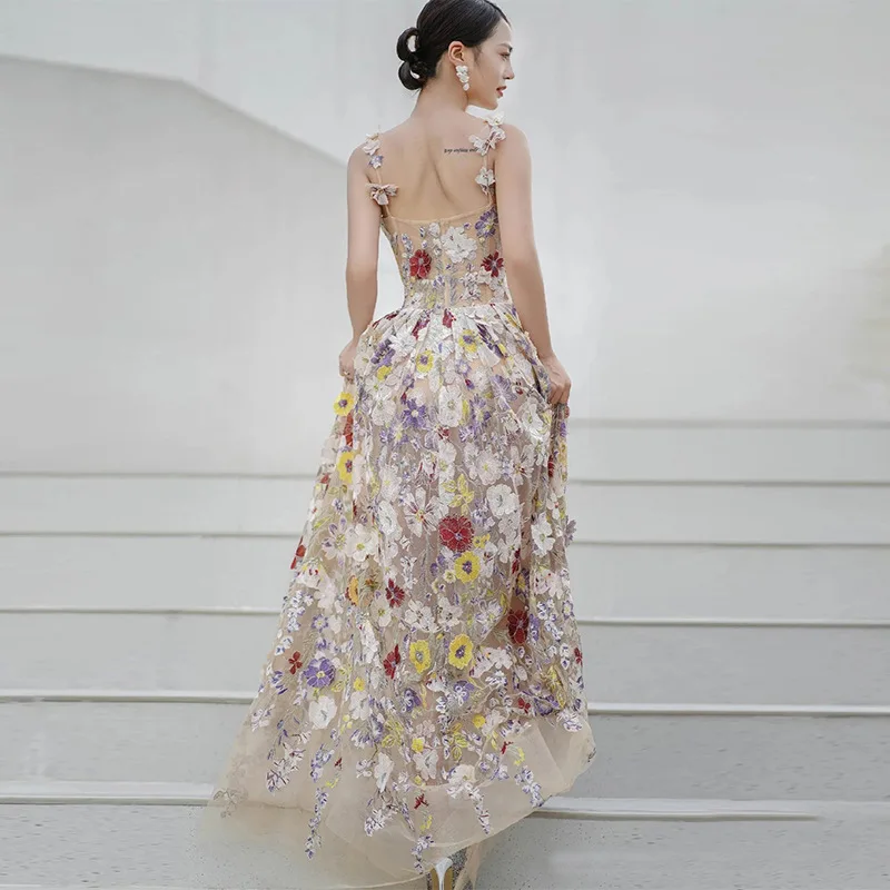 PJN Embroidery Flower Evening Party Dress Women 2025 Elegant Strap Long Vacation Graduation Gown Formal Wedding Banquet Dresses