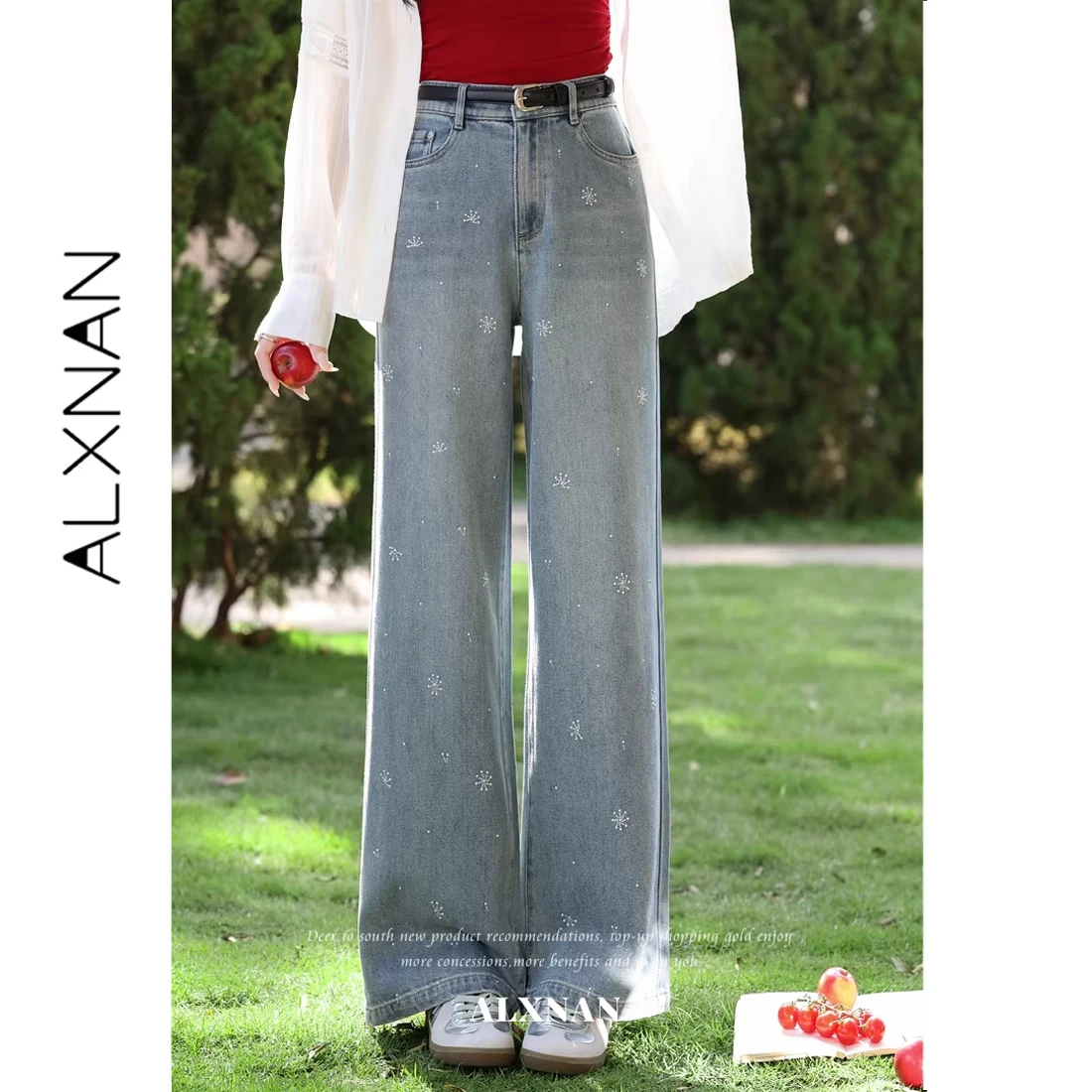 

ALXNAN Blue Baggy Jeans with Snowflake Rhinestones Wide-leg Straight Women's Denim Pants Fashion Elegant Pants Female L62727