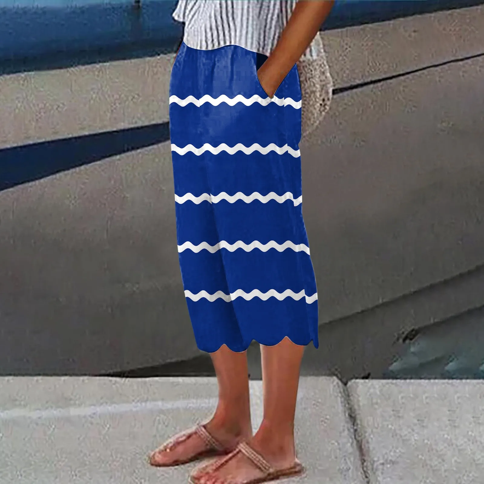 

2024 Loose Pants for Womens Stripe Print Pocket Straight Tube Loose Stretch Yoga Pants Female Summer Casual Wide Leg Pants