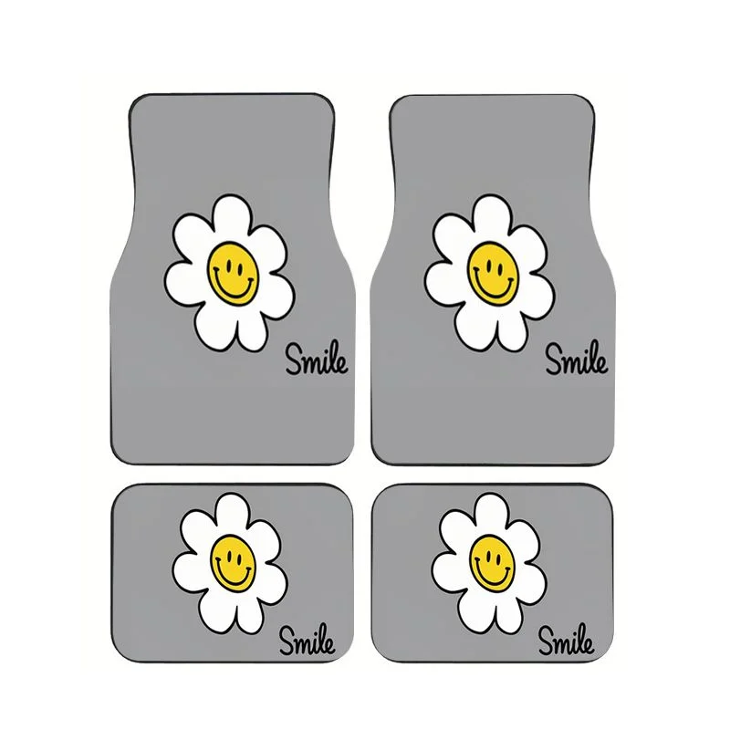 

Gray Background Smile Daisy Car Floor Mats 4Pcs Universal Anti-slip Waterproof Car Foot Pads Interior Decor For Sedan SUV Truck