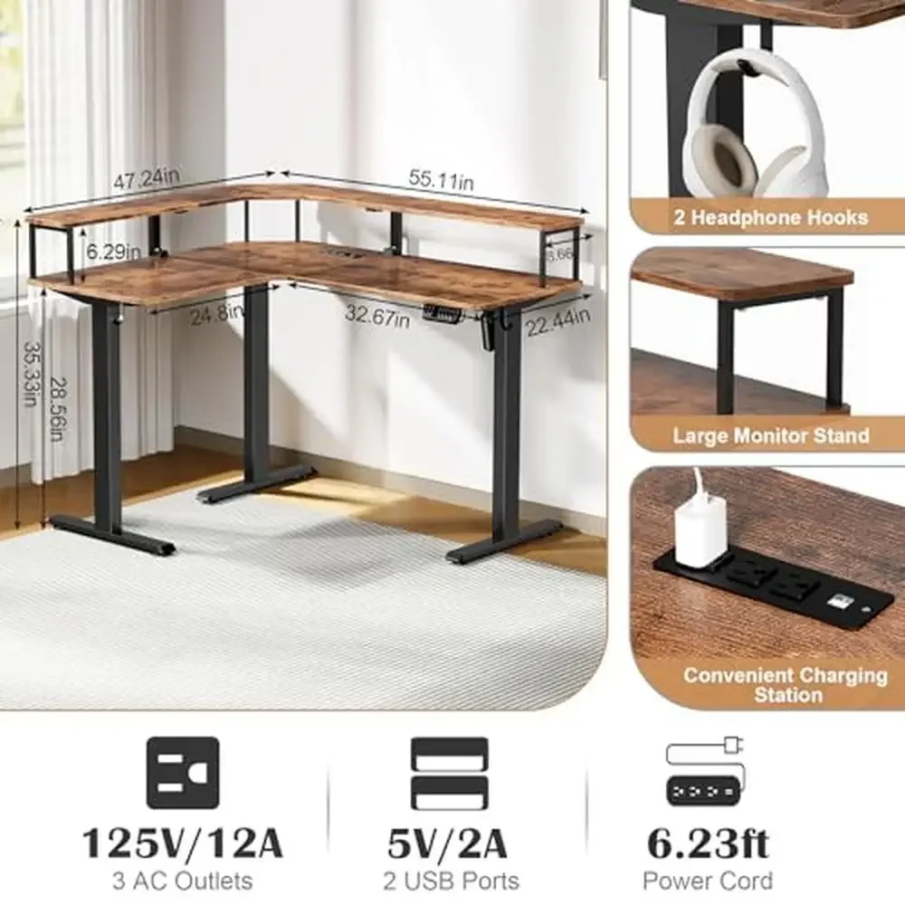 L Shaped Electric Standing Desk with LED Light & Power Outlet Height Adjustable 55