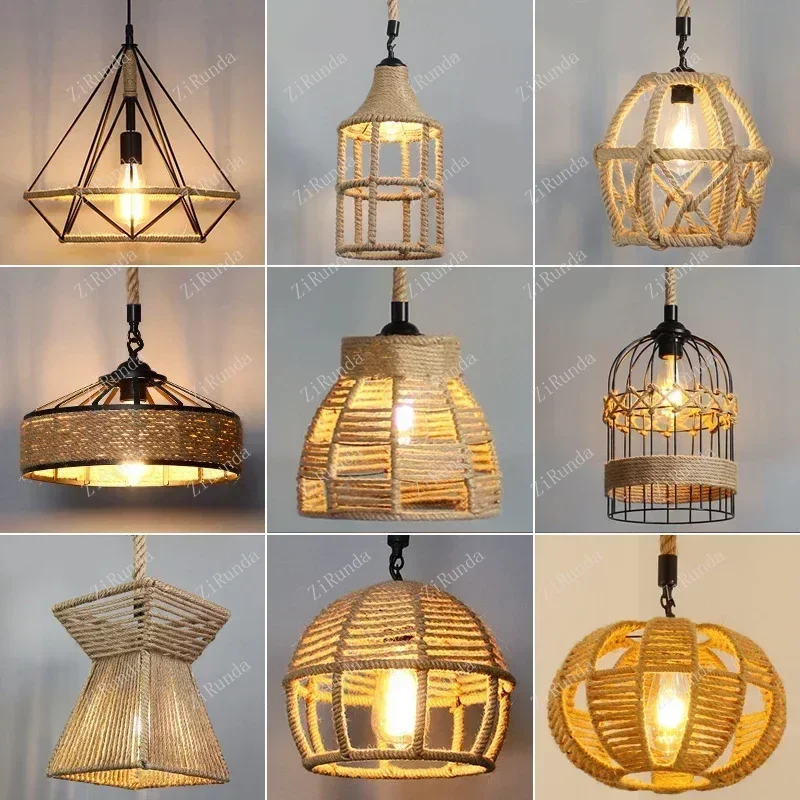 Hemp rope chandelier ceiling light chandelier iron hand woven retro restaurant decoration