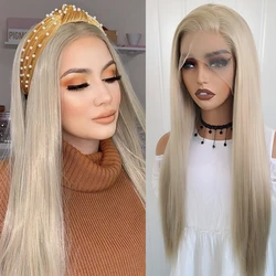 Blond długie proste syntetyczne koronkowe peruki dla kobiet popielaty blond włosy syntetyczne jedwabiście prosta koronkowa peruka na przód bezklejowe peruki do cosplay