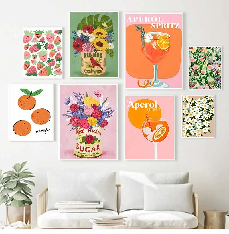 Estética abstracta Retro de flor de fresa naranja de lata de cóctel, impresiones de carteles, pintura en lienzo, arte de pared para decoración para sala de estar