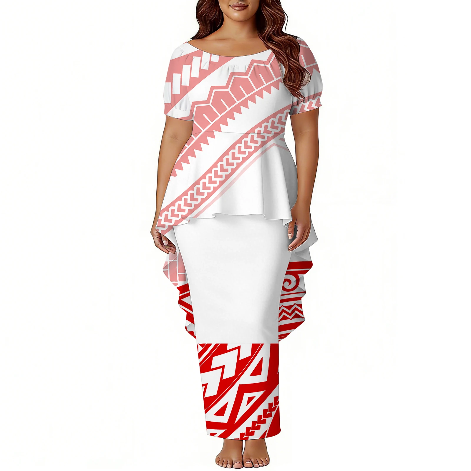 Puletasi Polynesian Dress 2-Piece Set Irregular Top And Slit Skirt Island Print Samoan Hibiscus Flower Design Custom Women Dress