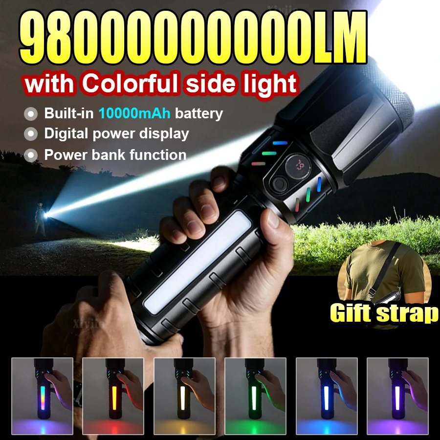 超高輝度戦術ハイパワー-led-懐中電灯-10000mah-強力なトーチランタンパワーディスプレイ防水緊急屋外ランプ