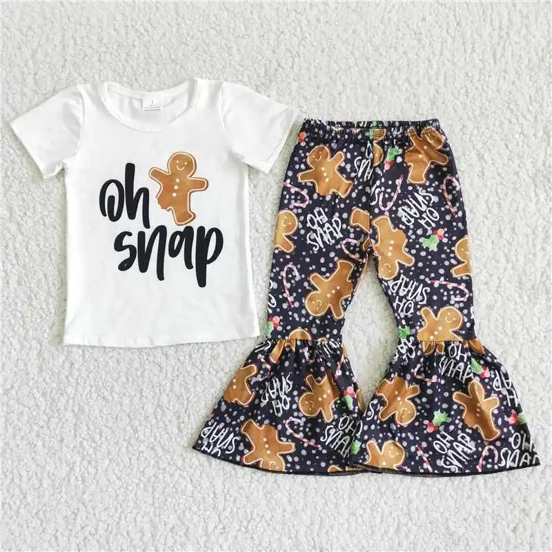 Fashion Baby Girl Cute White Gingerbread Man Short Sleeve Yellow Snack People Print Bell Bottom Pants Outfit Boutique Wholesale