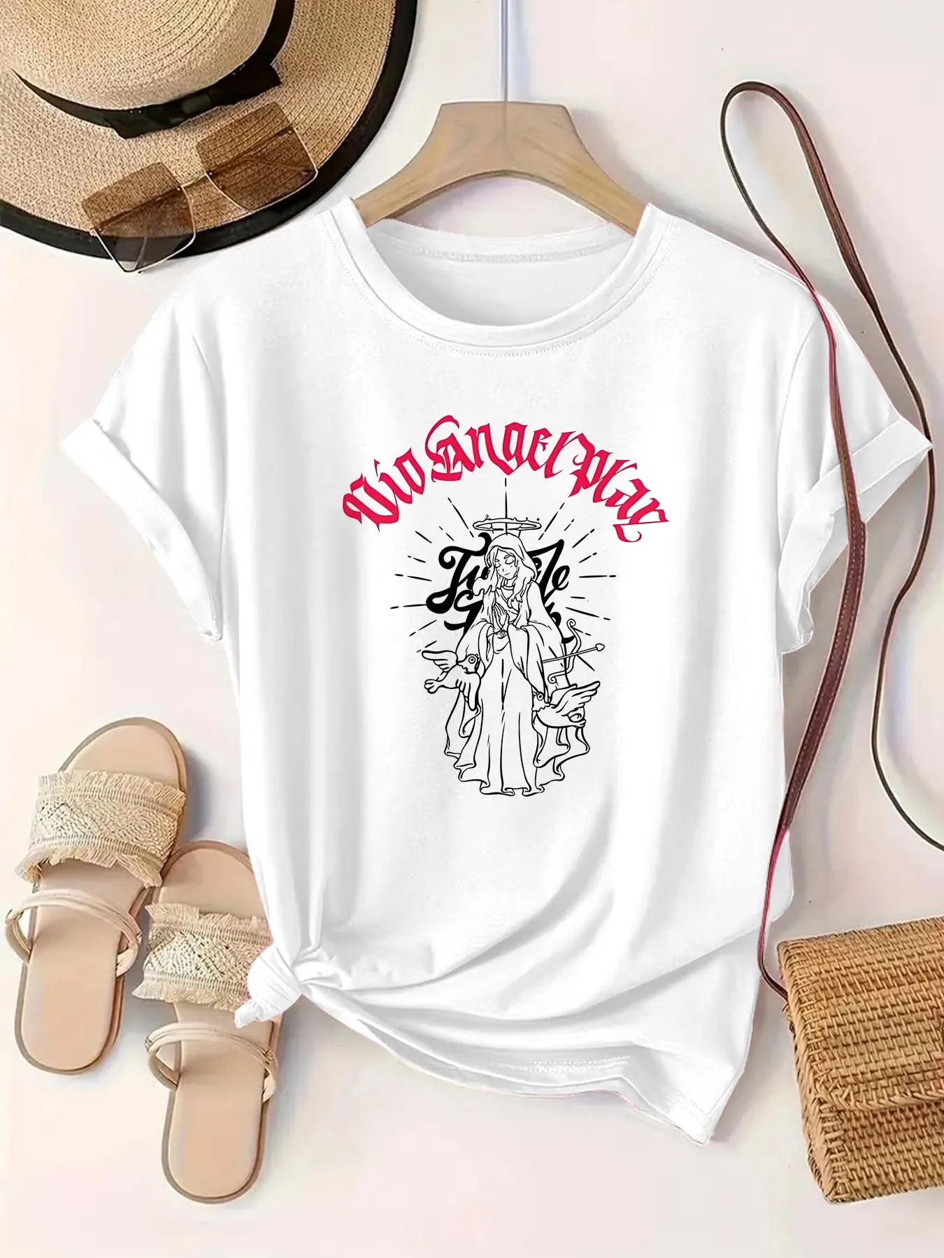 

Плюс - Футболка с коротким рукавом - Женская одежда оверсайз: «Via Angel Way» Религиозная графика ангела