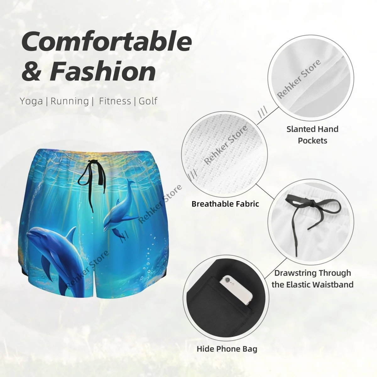 ヨガショーツ 女性用 フィットネスショーツ バイカーワークアウト スポーツ イルカ 海の世界で泳ぐ 速乾性 スポーツウェア ポケット付き