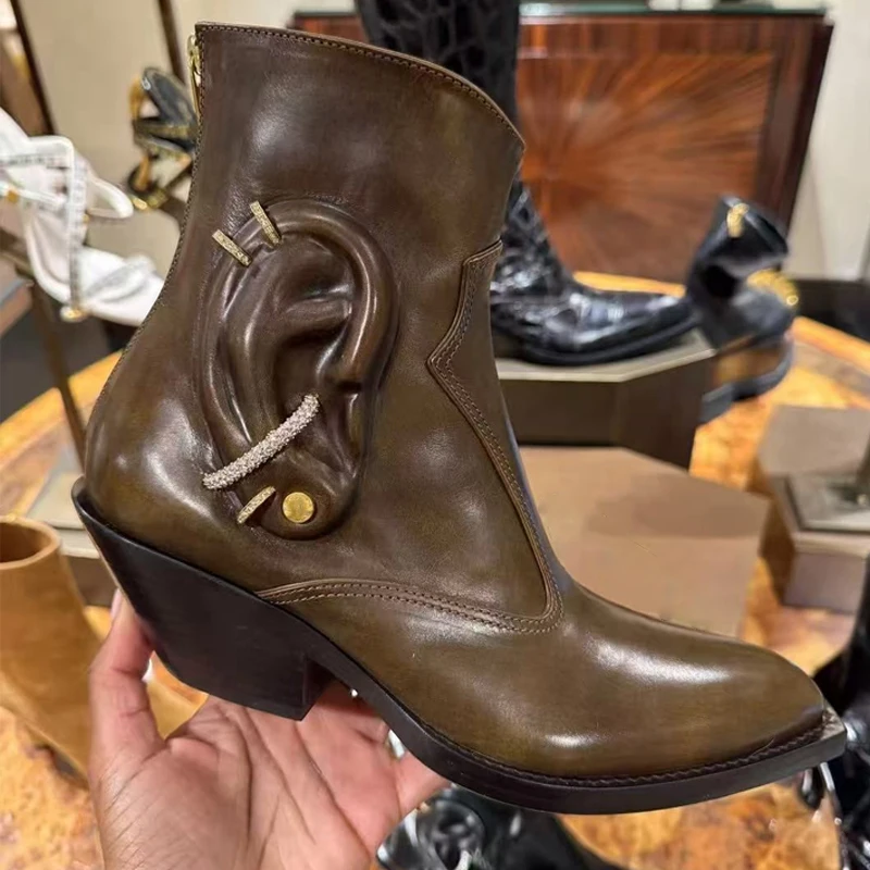 Women's Pointed Toe 3D Ear Shape Ankle Boots Crystal Earring Decor Block Heel Back Zipper Short Boots Western Cowboy Boots