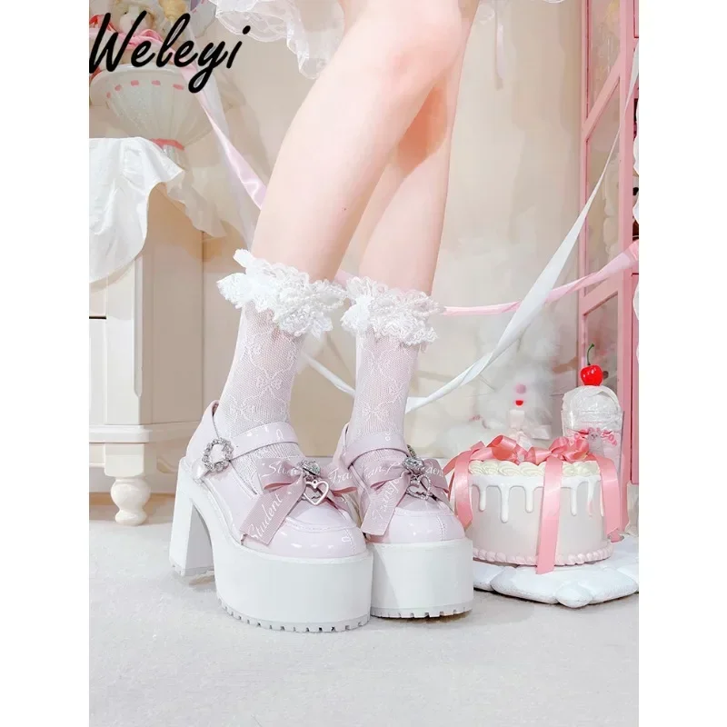 Lolita-zapatos de tacón alto con lazo rosa para mujer, calzado de suela gruesa, estilo japonés, subcultura Original, Kawaii, Muffin