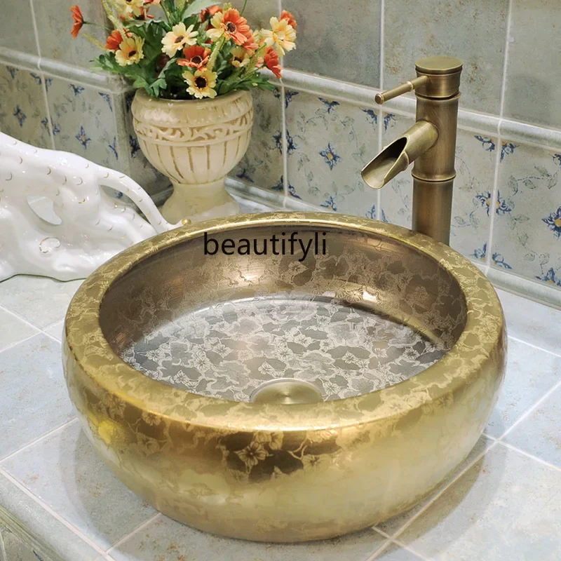 

European style round art washbasin, bathroom ceramic washbasin, upper basin - golden floral