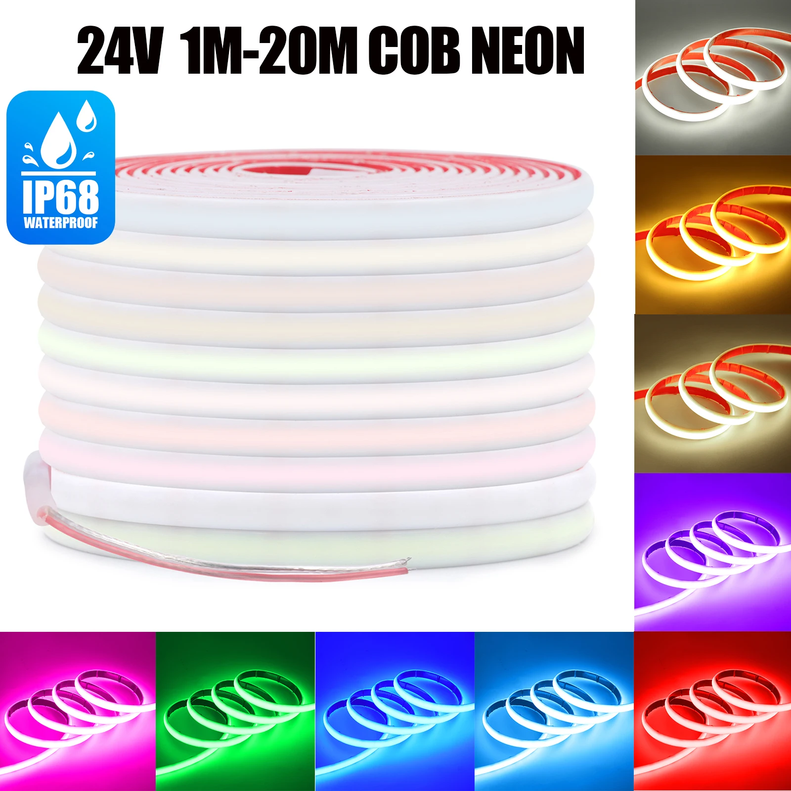 24V IP68 Wodoodporna taśma LED COB 320 diod LED/M Czerwony Lodowy Niebieski Zielony Biały Różowy Żółty Elastyczna wstążka Lina Neon Światło 1M 10M