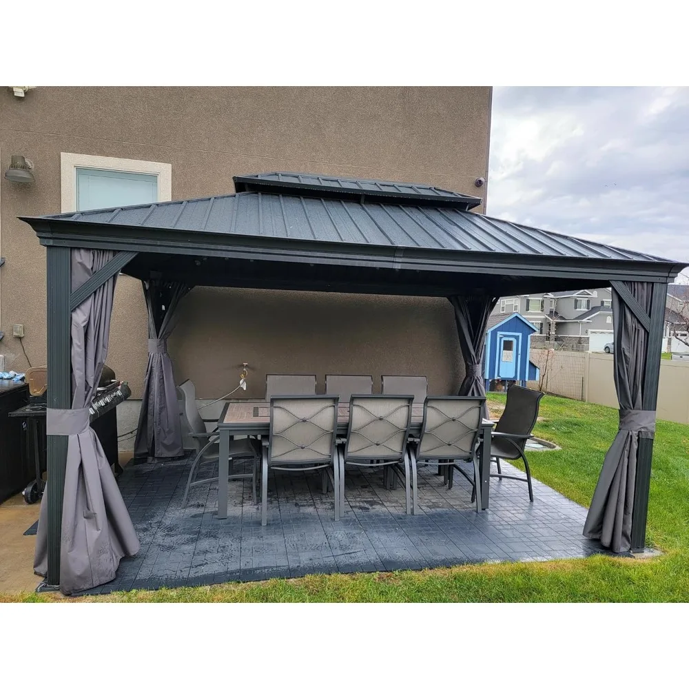 

10' X 14' Permanent Hardtop Gazebo Aluminum Gazebo with Galvanized Steel Double Roof for Patio Lawn and Garden, Curtains