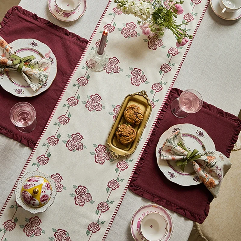 Findella Rose Series Table Runner French Pastoral Table Runner Home Elegant Retro Tea Flag Waterproof Coffee Table Cover Cloth