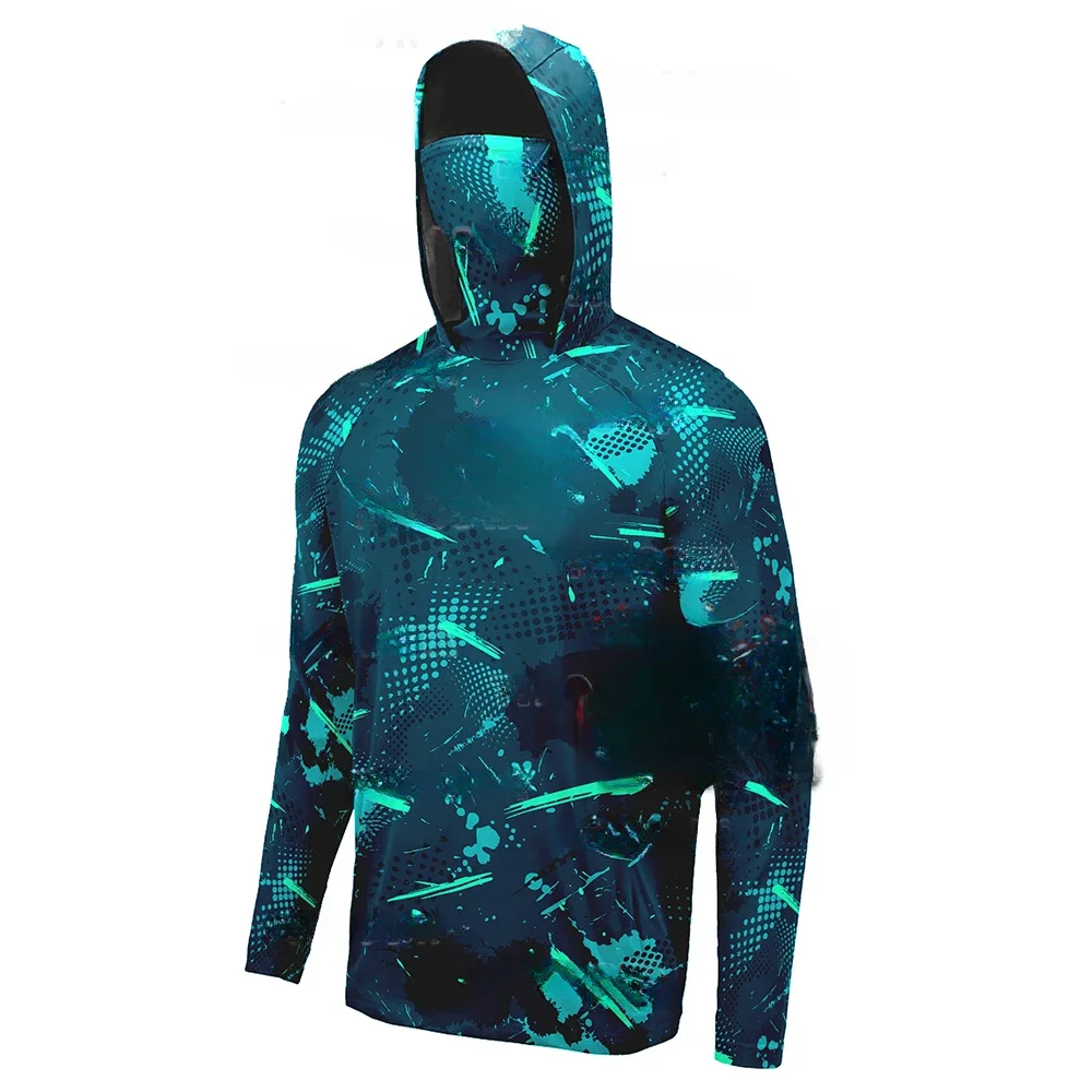 Men Spliced 3D Camo Fishing Shirt Hooded Long Sleeve Integrated Face Mask UV Protective Quick Dry Fishing Hunting Wear