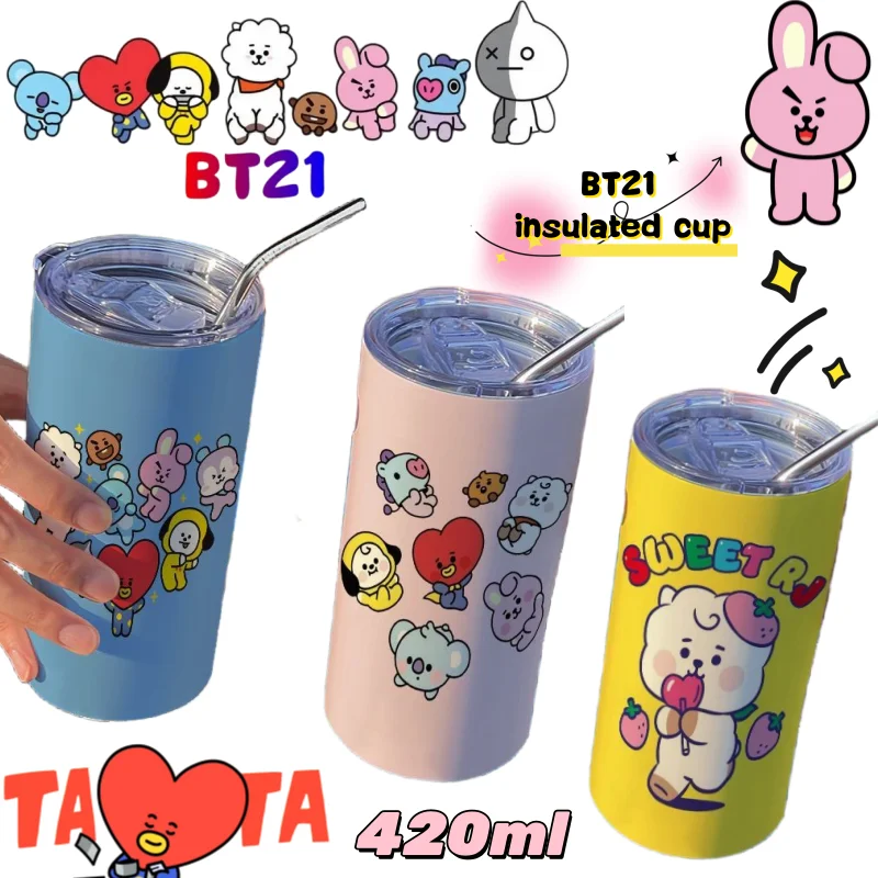 

New BT21 koya RJ Cooky Tata Shooky Thermos High Color Value Anime Cartoon Printed Large Capacity Portable Cute Straw Coffee Cup